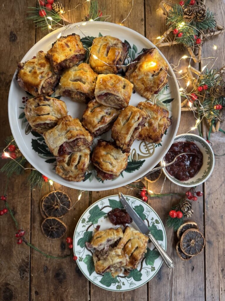 Christmas Sausage Rolls with Bacon, Stuffing & Cranberry Sauce