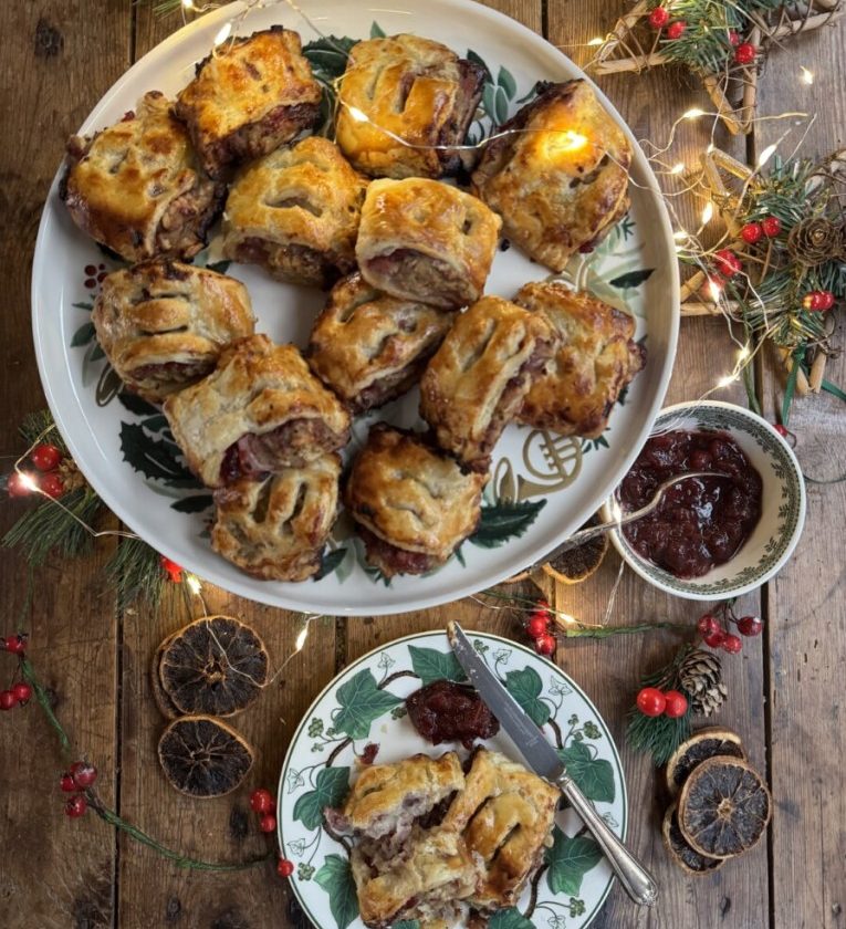 Christmas Sausage Rolls with Bacon, Stuffing & Cranberry Sauce