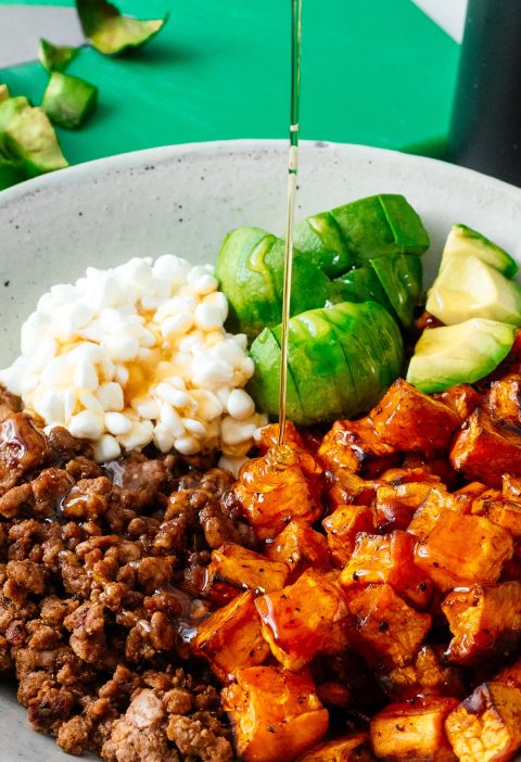 Ground Beef Sweet Potato Bowl with Hot Honey and Cottage Cheese