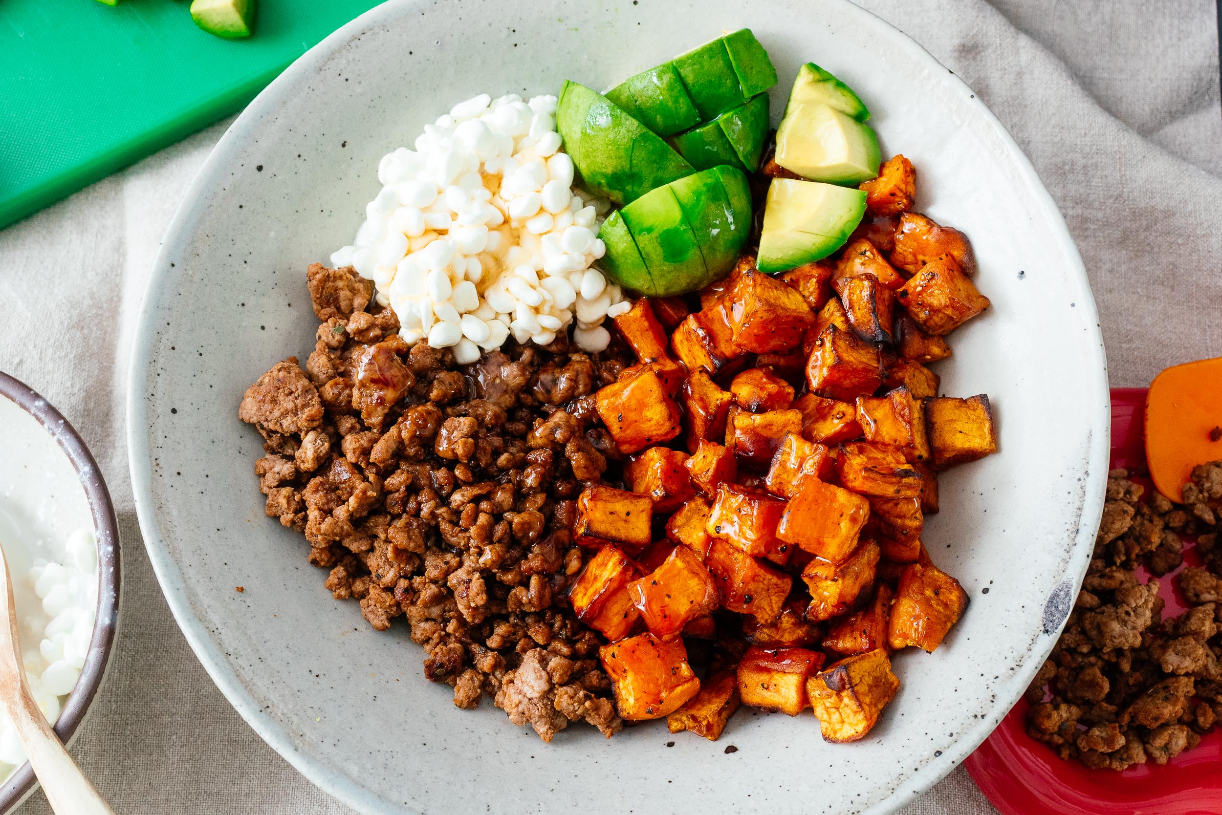 Ground Beef Sweet Potato Bowl with Hot Honey and Cottage Cheese