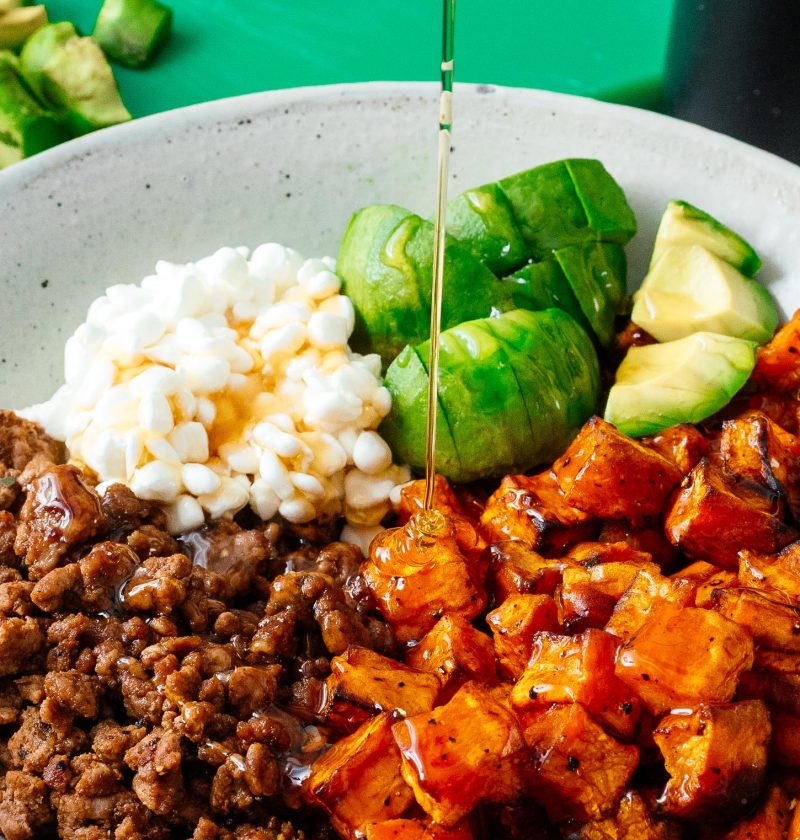 Ground Beef Sweet Potato Bowl with Hot Honey and Cottage Cheese