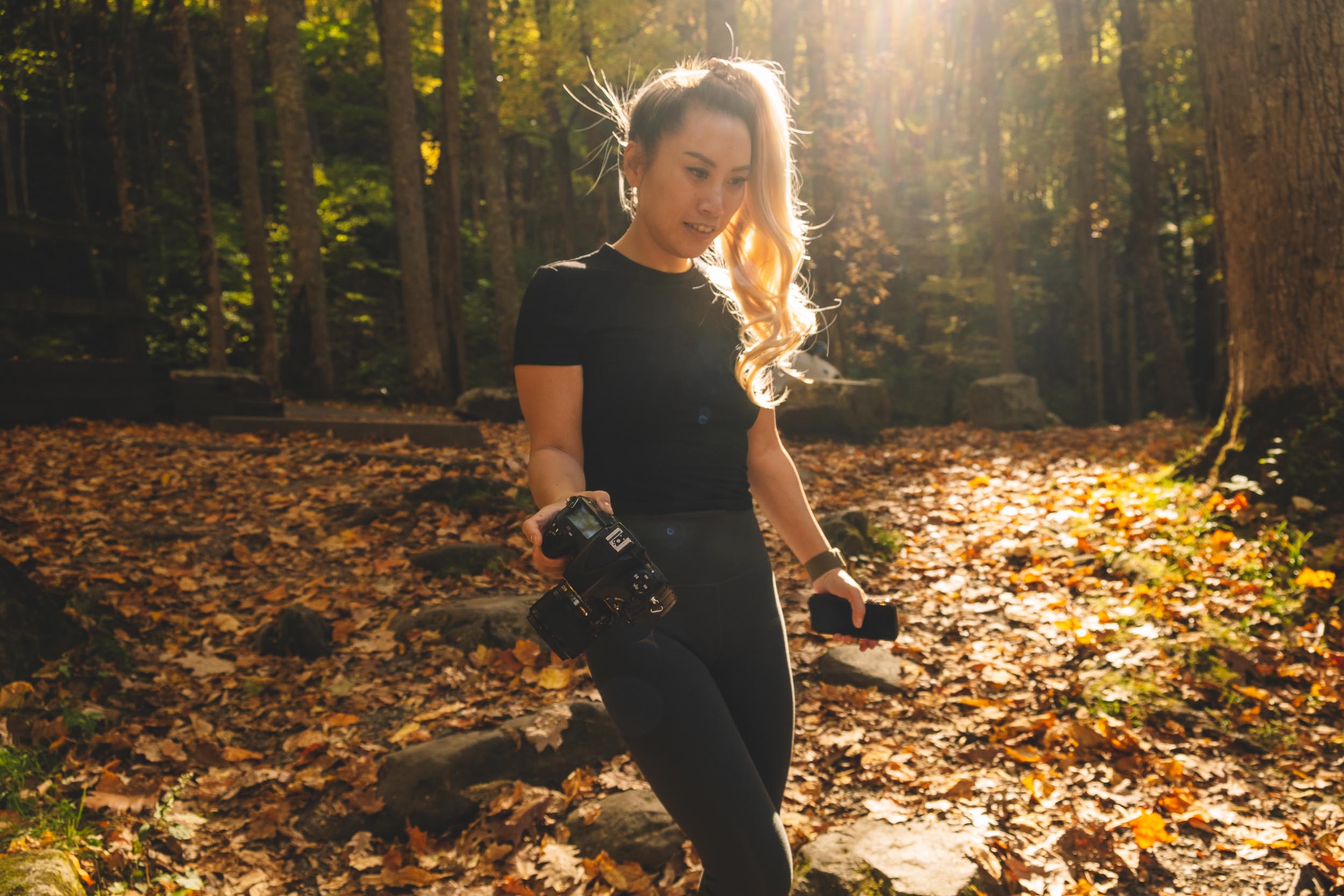 steph in the fall leaves